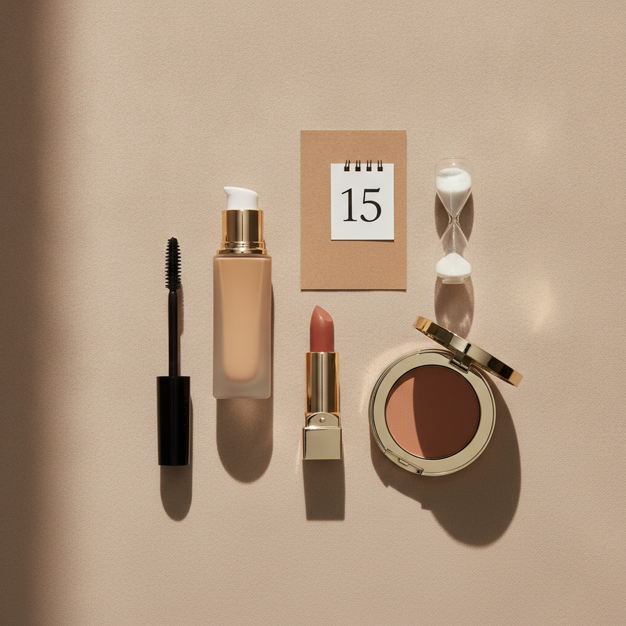 Makeup flat lay with mascara, foundation, lipstick, powder, a calendar page and an hourglass — makeup shelf life