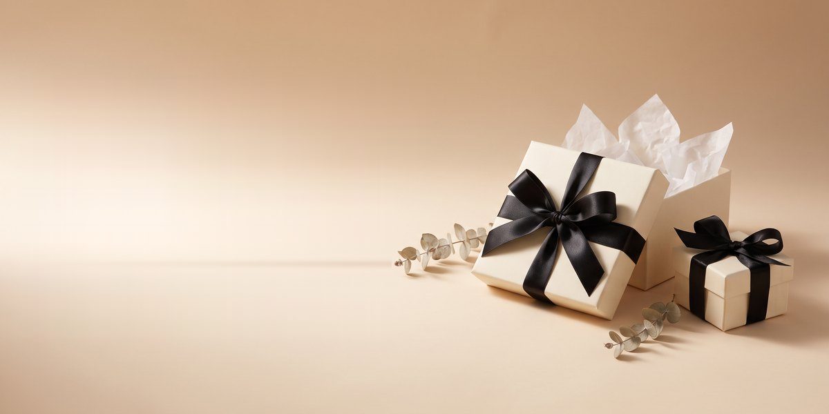 Cajas de regalo color crema con cintas negras